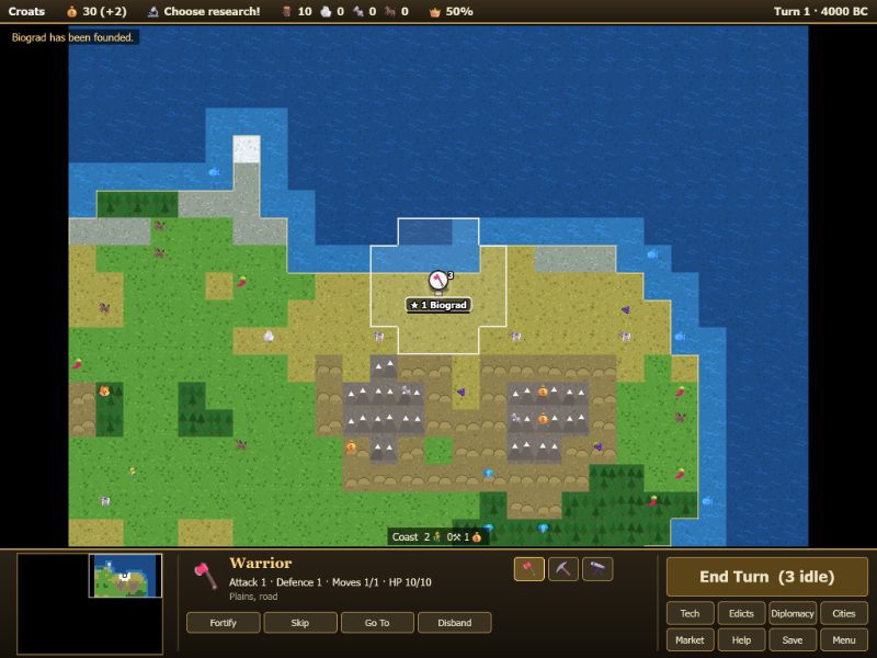 Civilization: Rise of Empires: tek osnovani grad Biograd na obali, okružen ravnicama i brdima